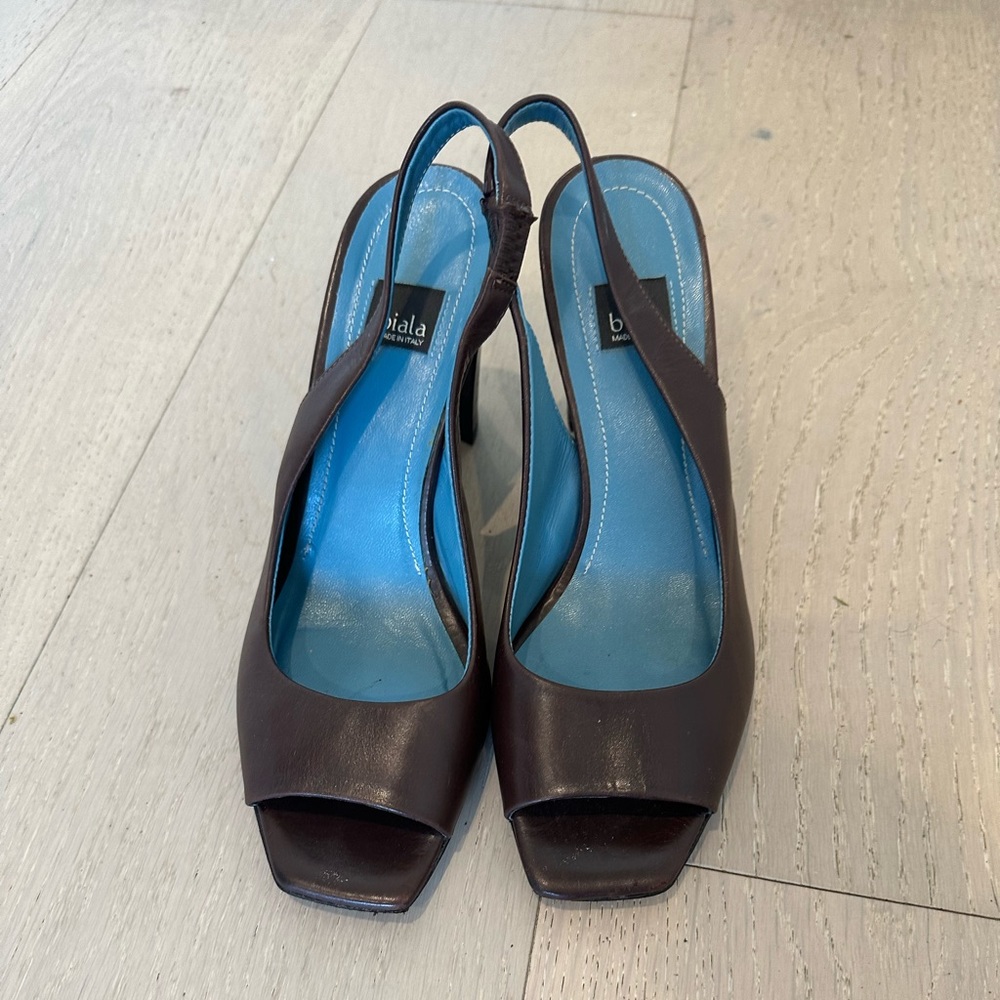 y2k🦋leather peeptoe heels Made in Italy tiffany blue and brown leather